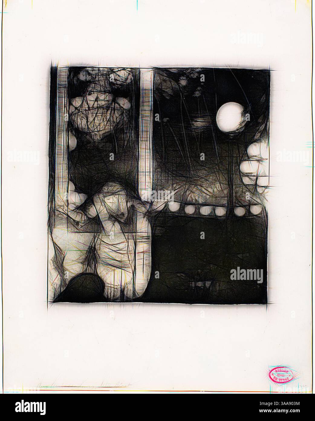 Eine geheimnisvolle Szene mit abstrakten Figuren und geometrischen Formen, umgeben von einer rätselhaften Atmosphäre. Die Komposition suggeriert eine fensterartige Umrahmung, mit einem Kontrast zwischen Licht und Schatten, der Intrigen und Nachdenklichkeit hervorruft., Klassische Kunst mit modernem Twist, neu interpretiert von Artotop, basierend auf Mlle Bécat im Café des Ambassadeurs, 1877–78, Edgar Degas, Französisch, 1834–1917, Frankreich, Lithografie in Schwarz auf grauweißem Webpapier, 205 x 193 mm (Bild), 344 x 273 mm (Blatt) Stockfoto