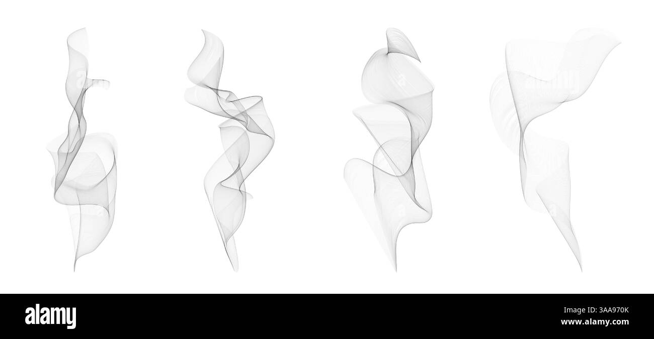 Realistischer Rauch- und Dampfeffekt. Gekrümmte weiße Dampfspuren auf weißem Hintergrund. Vektorelemente für heiße Getränke, Lebensmittelaroma, Zigarettenrauch oder Feuer- und Nebeldesign Illustration. Stock Vektor