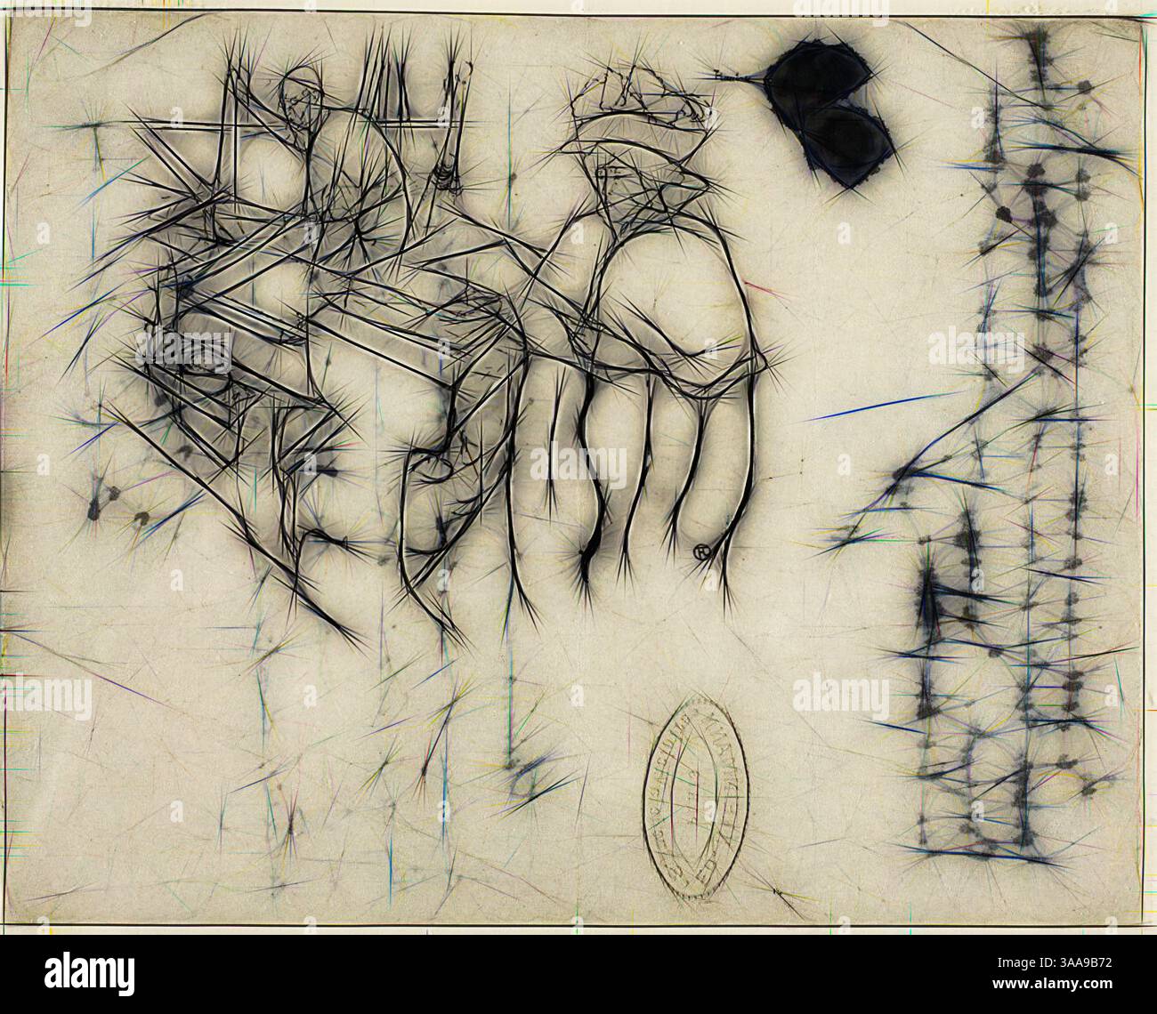 Eine abstrakte Darstellung mit verzerrten menschlichen Figuren und Formen, mit einem Schwerpunkt auf Linien und Texturen, die eine dynamische, mehrschichtige Komposition schaffen. Elemente von Schatten und Licht spielen durchweg miteinander, was auf Bewegung und Tiefe hindeutet., Klassische Kunst mit modernem Twist, neu interpretiert von Artotop, basierend auf dem Cover von L’Estampe Original, mit Noten, 1893, Henri de Toulouse-Lautrec, Französisch, 1864-1901, Frankreich, Lithografie in Schwarz auf Porzellanpapier in grau-elfenbeinfarbenem Gewebe, 82 x 91 mm (Bild), 132 x 164 mm (Blatt) Stockfoto