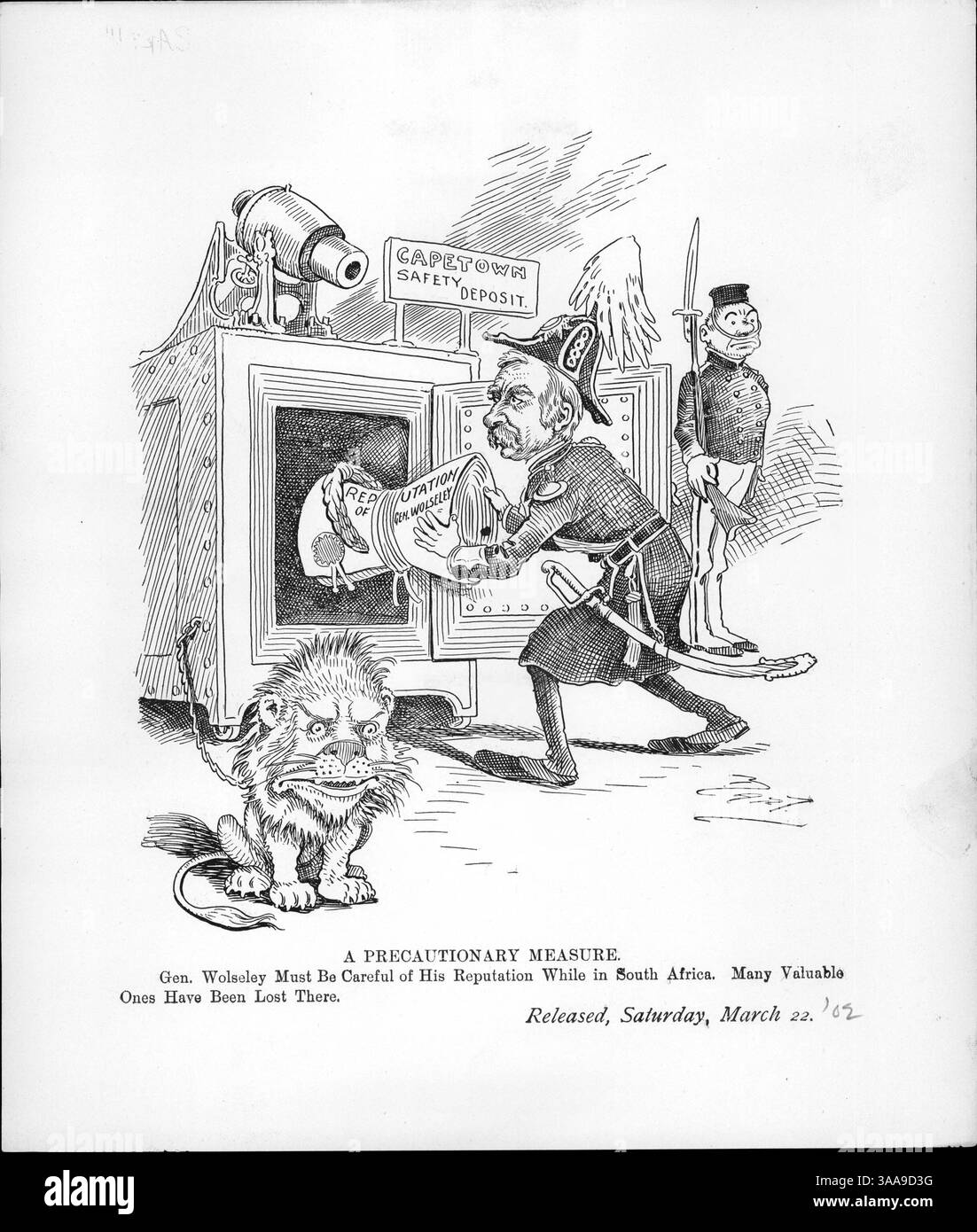 General Wolseley, während er sich auf den Burenkrieg vorbereitet, sichert sich seinen Ruf in einem Tresor in Kapstadt, Südafrika, und hebt hervor, wie wichtig es ist, seinen Ruf zu bewahren. Stockfoto