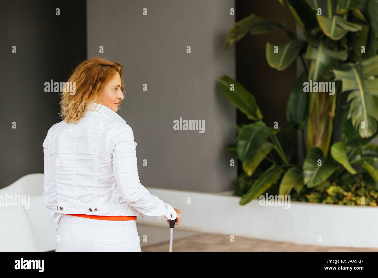 Frau mittleren Alters in weißer Jacke und Hose, die in ein Hotel geht und einen Koffer zieht, von hinten gesehen, mit tropischen Pflanzen und modernem Dekor in der Badewanne Stockfoto