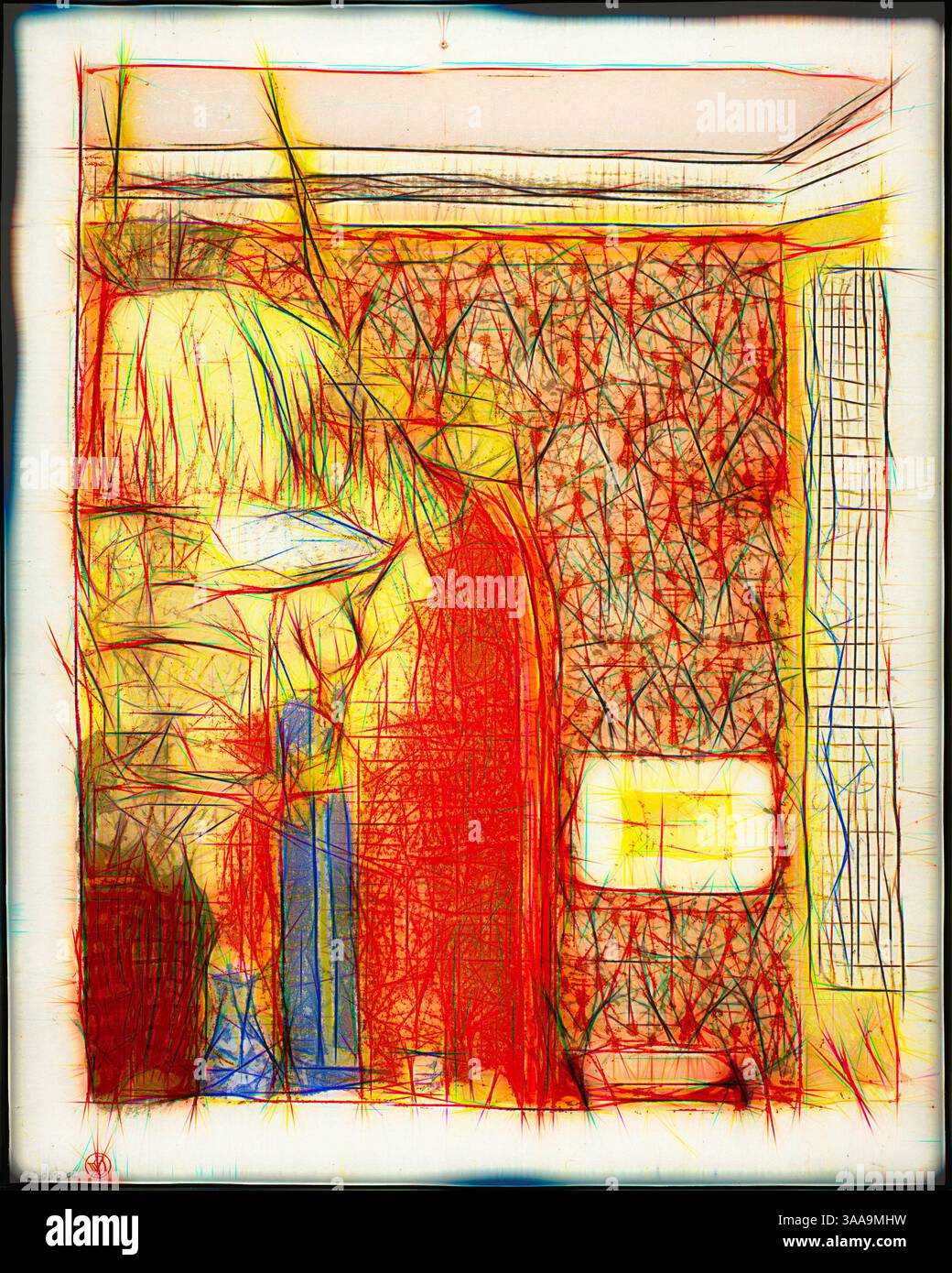 Eine künstlerische Darstellung eines Raumes mit strukturierten Wänden, einer markanten Leuchte, und abstrakte Muster, die helle Farben mit komplizierten Linien zu einem dynamischen visuellen Erlebnis verbinden., Klassische Kunst mit modernem Twist neu interpretiert von Artotop, basierend auf Interior with Pink Wallpaper II, Platte sechs aus Landschaften und Innenräumen, 1899 311, Edouard Vuillard (Französisch, 1868-1940), gedruckt von Auguste Clot (Französisch, 1858-1936), herausgegeben von Ambroise Vollard (Französisch, 1867-1939), Frankreich, Farblithografie auf grauem Papier, 354 mm, 392 mm, 284 mm (China Stockfoto