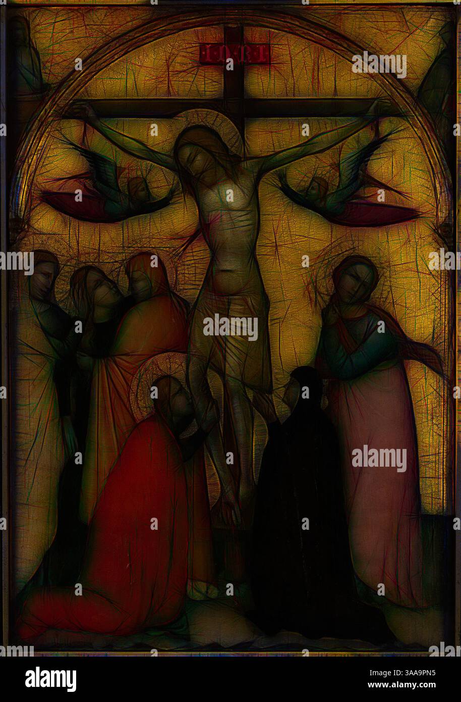 Am Kreuz ist eine Figur Christi dargestellt, umgeben von Trauernden und lebendigen, wirbelnden Farben, die tiefe Emotionen vermitteln. Die Szene fängt einen Moment der Trauer und Ehrfurcht ein und hebt die Intensität der Kreuzigung hervor. Klassische Kunst mit modernem Twist, neu interpretiert von Artotop, basierend auf der Kreuzigung, um 1370, Francescuccio Ghissi, Italienisch, aktiv 1359–1395, Italien, Tempera auf Tafel, 72,7 x 50,3 cm (28 5/8 x 19 3/4 Zoll), mit Rahmen: 81,9 x 61 cm (32 1/4 x 24 Zoll) Stockfoto