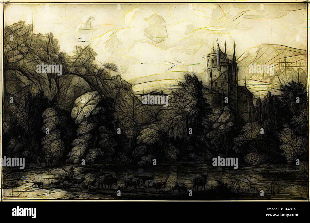 Eine ruhige Landschaft mit einem ruhigen Gewässer im Vordergrund, umgeben von dichten Bäumen und sanften Hügeln. Ein majestätischer Glockenturm blickt durch das Laub, während eine Gruppe Kühe friedlich am Ufer weidet und ein Gefühl von Ruhe und ländlicher Schönheit weckt., Klassische Kunst mit moderner Note, neu gestaltet von Artotop, basierend auf Landschaft mit Rindern, n.d., Jacob Cornelis Ploos van Amstel (Niederländisch, 1726-1798), nach Jan Van der Meer (Niederländisch, 1656-1705), Niederlande, Druck auf Papier Stockfoto