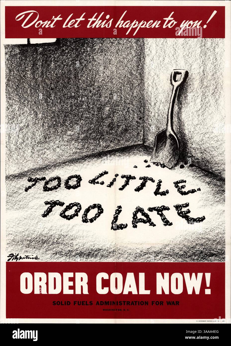Dieses Bild zeigt einen fast leeren Kohlebehälter mit Schaufel, in dem die Meldung „zu wenig zu spät“ geschrieben wird. Es dient als Warnung, Kohle im Voraus zu bestellen, bevor die Vorräte erschöpft sind. Stockfoto