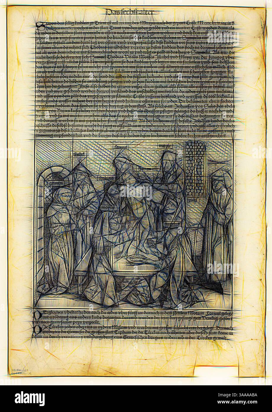 Eine komplizierte Illustration zeigt eine Gruppe von Figuren, die sich um eine zentrale Szene versammelt haben, mit detaillierten Gewändern und Ausdrücken, die ein Gefühl von Hochmut vermitteln. Text umgibt das Bild, stellt Kontext und Erzählungen zum dargestellten Ereignis dar und unterstreicht das gesamte Erzählelement., Klassische Kunst mit modernem Twist neu interpretiert von Artotop, basierend auf dem Martyrium des Heiligen Simon von Trient aus Schedel Weltchronik (Schedel Weltchronik), Platte 23 aus Holzschnitten aus Büchern des 15. Jahrhunderts, 1493, Portfolio zusammengestellt 1929, Michel Wolgemut (deutsch, 1434/37–1519) und Wilhelm Pleydenwurff (Germa) Stockfoto