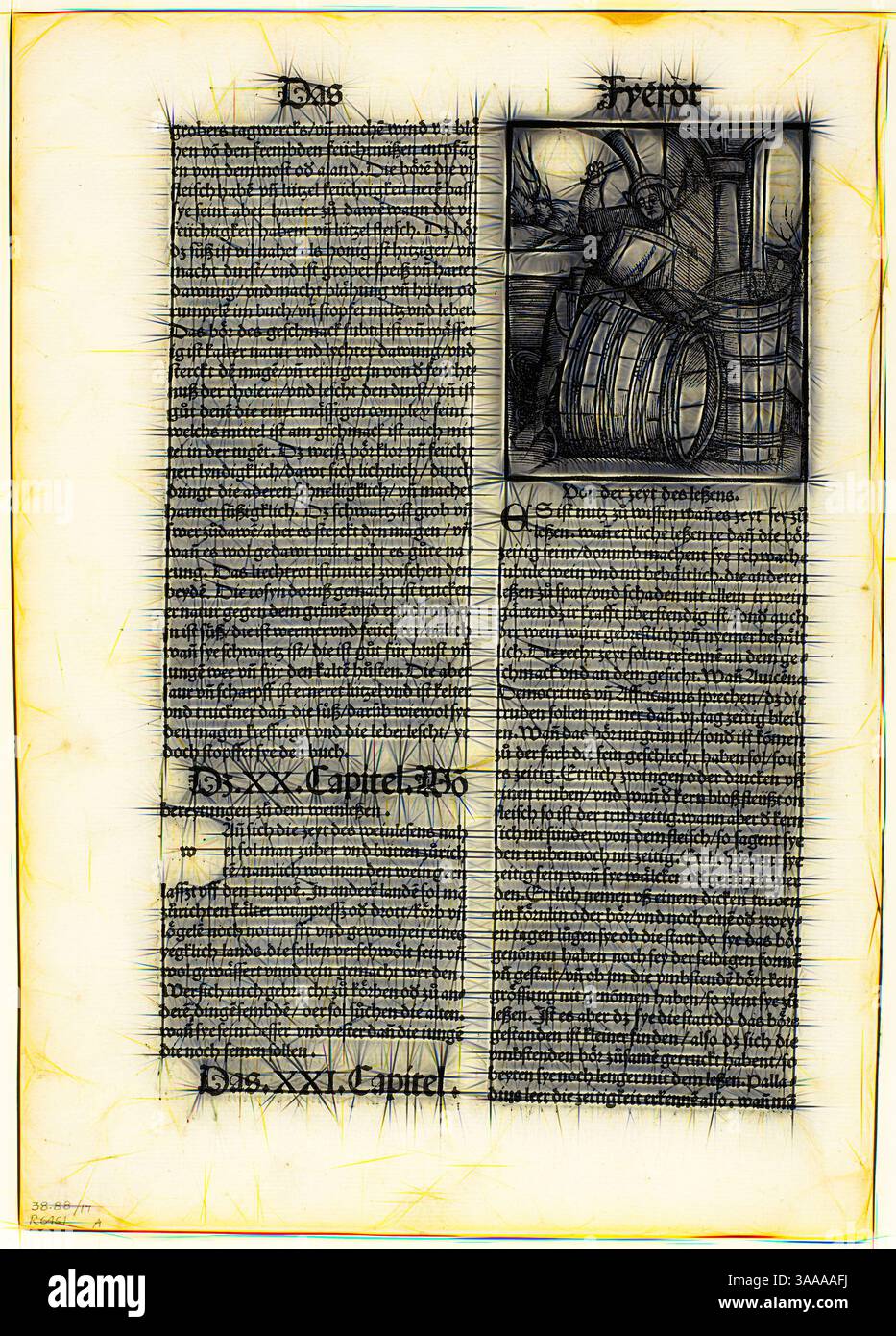 Eine antike Handschrift mit kompliziertem Text und einer illustrierten Szene aus Fässern, verziert mit dekorativen Blüten und stilisierten Borten. Der linke Teil enthält dichten schriftlichen Inhalt, während der rechte eine detaillierte Darstellung zeigt, die die historische Ästhetik unterstreicht., Klassische Kunst mit modernem Twist neu interpretiert von Artotop, basierend auf Illustration von dem nutz der Ding, Platte siebzehn aus Holzschnitten aus Büchern des XVI Jahrhunderts, 1518, zusammengefügt zu Portfolio 1937, Unbekannter Künstler (Deutsch, 16. Jahrhundert), zusammengesetzt von Max Geisberg (Schweiz, 1875-1943), Deutschland, Holzschnitt auf Papier, 85 x 71 mm Stockfoto