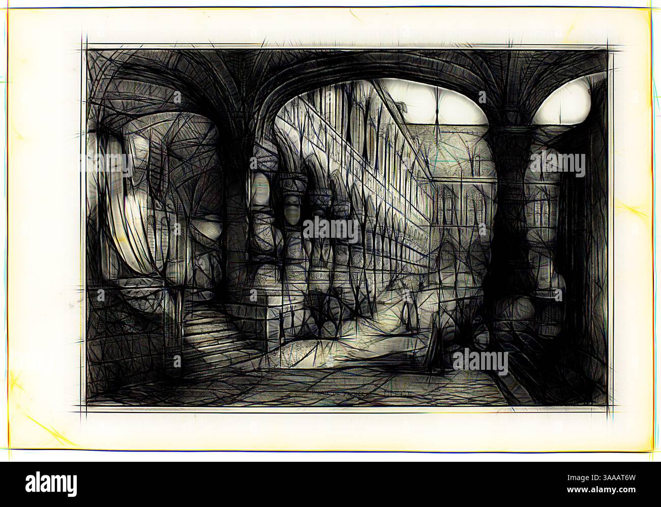 Eine beeindruckende architektonische Szene zeigt ein kompliziertes Interieur mit hoch aufragenden Bögen, detaillierten Säulen und einer großen Treppe. Das Zusammenspiel von Licht und Schatten weckt ein Gefühl von Tiefe und Bewegung und zieht den Betrachter in den majestätischen Raum., Klassische Kunst mit modernem Twist neu interpretiert von Artotop, basierend auf Palais du Prince, Lüttich, 1833, Samuel Prout (Englisch, 1783-1852), vermutlich gedruckt von Charles Joseph Hullmandel (Englisch, 1789–1850), wahrscheinlich herausgegeben von Rudolph Ackermann (Englisch, 1764–1834), England, Lithographie in Schwarz auf grau-elfenbeinfarbenem Chine, gelegt auf elfenbeinfarbenem Webpapier, 290 x 425 mm Stockfoto