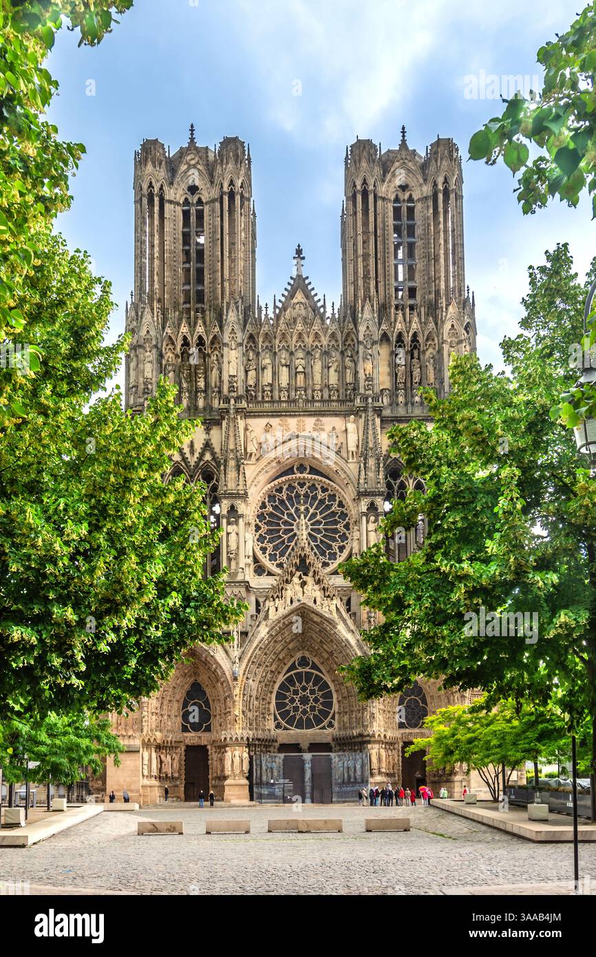 Westfront der gotischen Kathedrale Notre-Dame von Reims aus dem 13. Jahrhundert vom Place du Parvis - Reims, Marne (51), Frankreich. Stockfoto