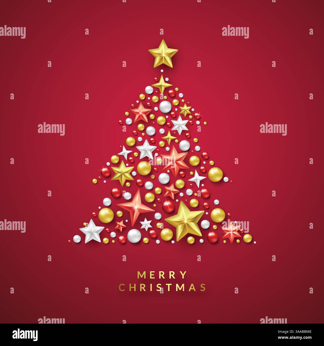 Weihnachtsbaum mit leuchtenden Sternen und bunten Bällen. Fröhliche Weihnachtskarte Vektorgrafik auf rotem Hintergrund. Stock Vektor