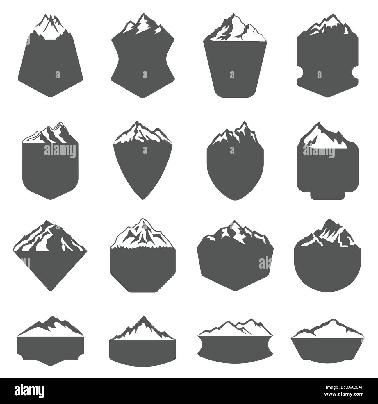 Satz von 16 Vektorgebirgsformen für Logos. Camping Mountain Logo, Reiseetiketten, Kletter- oder Wanderabzeichen Stock Vektor