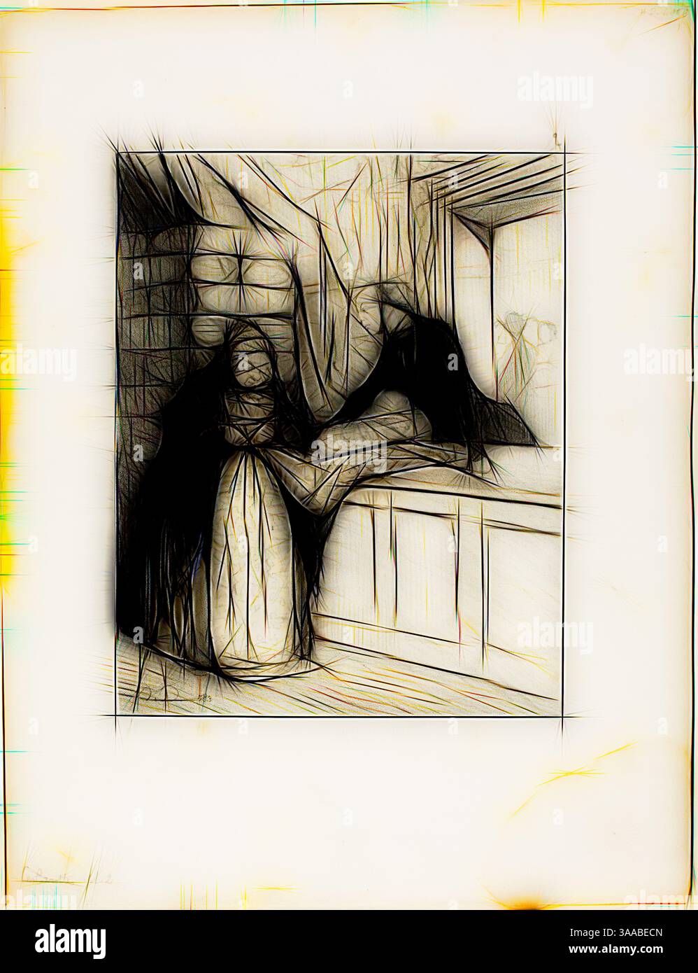 Eine stilisierte Szene, in der zwei Figuren in einem Wohnraum dargestellt werden, wobei eine mit einer reflektierenden Oberfläche, möglicherweise einem Spiegel, interagiert. Die Charaktere tragen historische Kleidung, umgeben von Elementen, die eine malerische, historische Atmosphäre vermuten lassen. Die Gesamtkomposition betont ein Gefühl von Intimität und Intrige. Klassische Kunst mit einem modernen Twist, der von Artotop neu interpretiert wurde, basierend auf dem Hoax des Verkäufers. - Ein Design aus der Mode. Diese Art von Stoff hat einen herrlichen Schatten, Madame ist die erste, der ich es gezeigt habe…. All unsere jungen Frauen werden sich dafür auseinanderreißen. Was für ein Charme Stockfoto