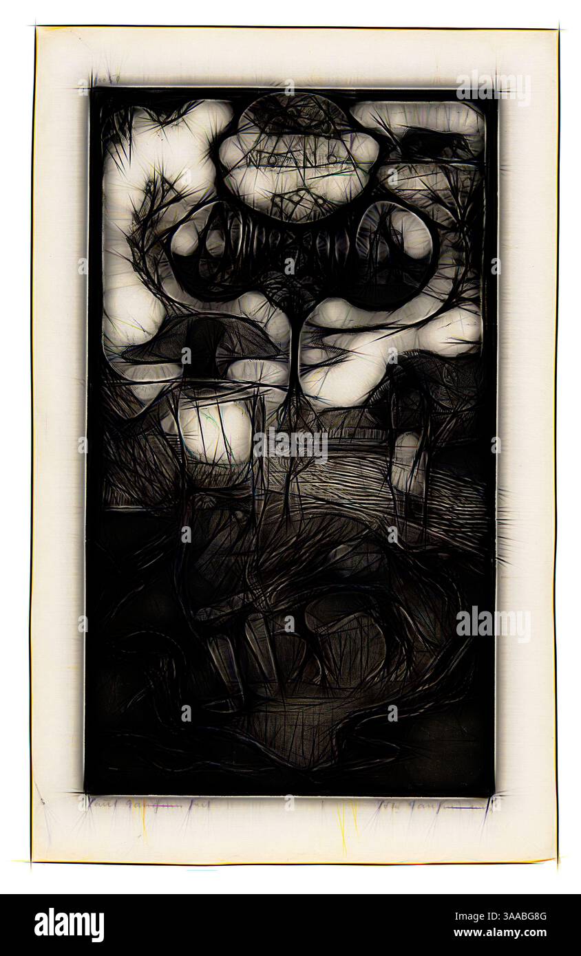 Eine abstrakte Komposition mit wirbelnden Formen und komplizierten Linien, die sich mit organischen Formen verflechten und eine geheimnisvolle und eindrucksvolle Atmosphäre schaffen. Das Zusammenspiel von Licht und Schatten verstärkt die Tiefe und Komplexität der Szene., Klassische Kunst mit modernem Twist neu interpretiert von Artotop, basierend auf Noa Noa (duftend), aus der Noa Noa Suite, 1893–94, gedruckt und veröffentlicht 1921, Paul Gauguin (Französisch, 1848-1903), gedruckt von Pola Gauguin (Dänisch, geboren Frankreich, 1883-1961), herausgegeben von Christian Cato, Kopenhagen, Frankreich, Holzblockdruck in schwarzer Tinte auf Papier (DIN 355 mm, Papier in China, 205 mm Stockfoto