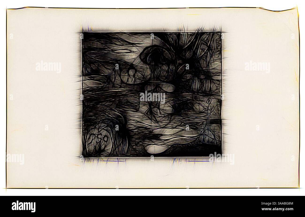 Eine abstrakte Komposition mit komplizierten Linien und Formen, die ein Gefühl von Tiefe und Bewegung erzeugen und eine traumhafte Qualität hervorrufen. Das Zusammenspiel von Licht und Schatten verleiht der Szene einen Hauch von Mysterium., Klassische Kunst mit modernem Twist neu interpretiert von Artotop, basierend auf Mahana atua (Tag des Gottes), 1894/95, gedruckt und veröffentlicht 1921, Paul Gauguin (Französisch, 1848-1903), gedruckt von Pola Gauguin (Dänisch, geboren Frankreich, 1883-1961) 182, herausgegeben von Christian Cato, Kopenhagen, Frankreich, Holzblockdruck in schwarzer Tinte auf grauelfenbein-elfenbein, 267 mm x Porzellapapapapier, 429 mm (203 mm (Bild) Stockfoto