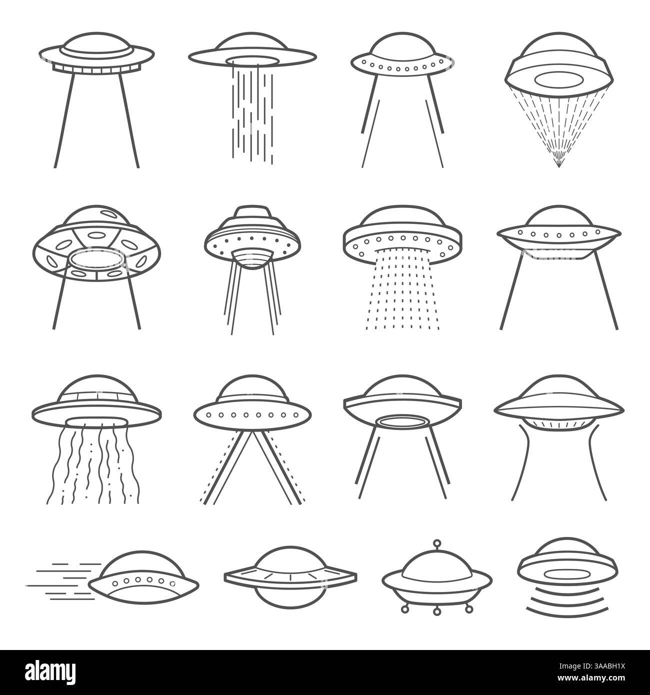 UFO-Logo-Vektorelemente. Mystisches Symbol paranormale Phänomene, erster Kontakt, Invasion von Außerirdischen Stock Vektor