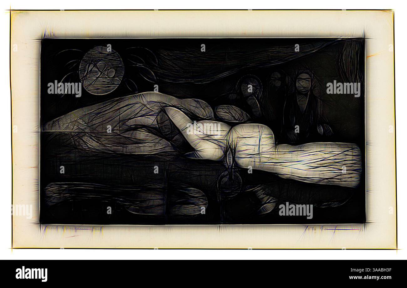 Eine stilisierte Darstellung einer ruhigen Figur, die auf einer Oberfläche liegt, umgeben von abstrakten Formen und Figuren, die ein Gefühl der Besinnung hervorrufen. Die Szene ist von atmosphärischer Qualität durchdrungen und hebt die Kontraste zwischen Licht und Schatten hervor., Klassische Kunst mit modernem Twist neu interpretiert von Artotop, basierend auf Te po (die Nacht), aus der Noa Noa Suite, 1893–94, gedruckt und veröffentlicht 1921, Paul Gauguin (Französisch, 1848–1903), gedruckt von Pola Gauguin (Dänisch, geboren Frankreich, 1883–1961), herausgegeben von Christian Cato, Kopenhagen, Frankreich, Holzblockdruck in schwarzer Tinte auf 204-grauem China 358 Stockfoto