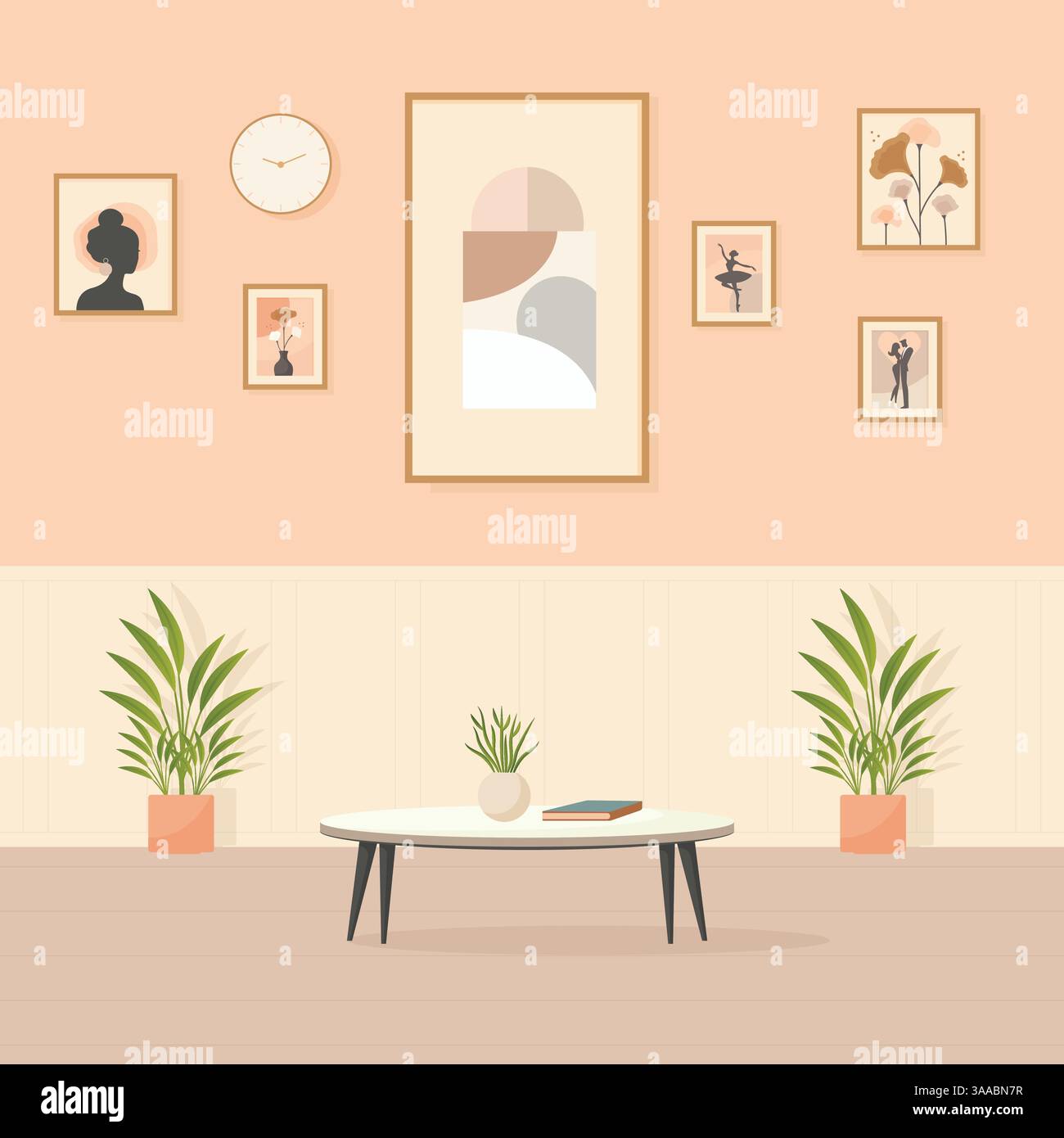 Wohnzimmereinrichtung mit Wandbildern und Tisch flache Vektorillustration. Stock Vektor