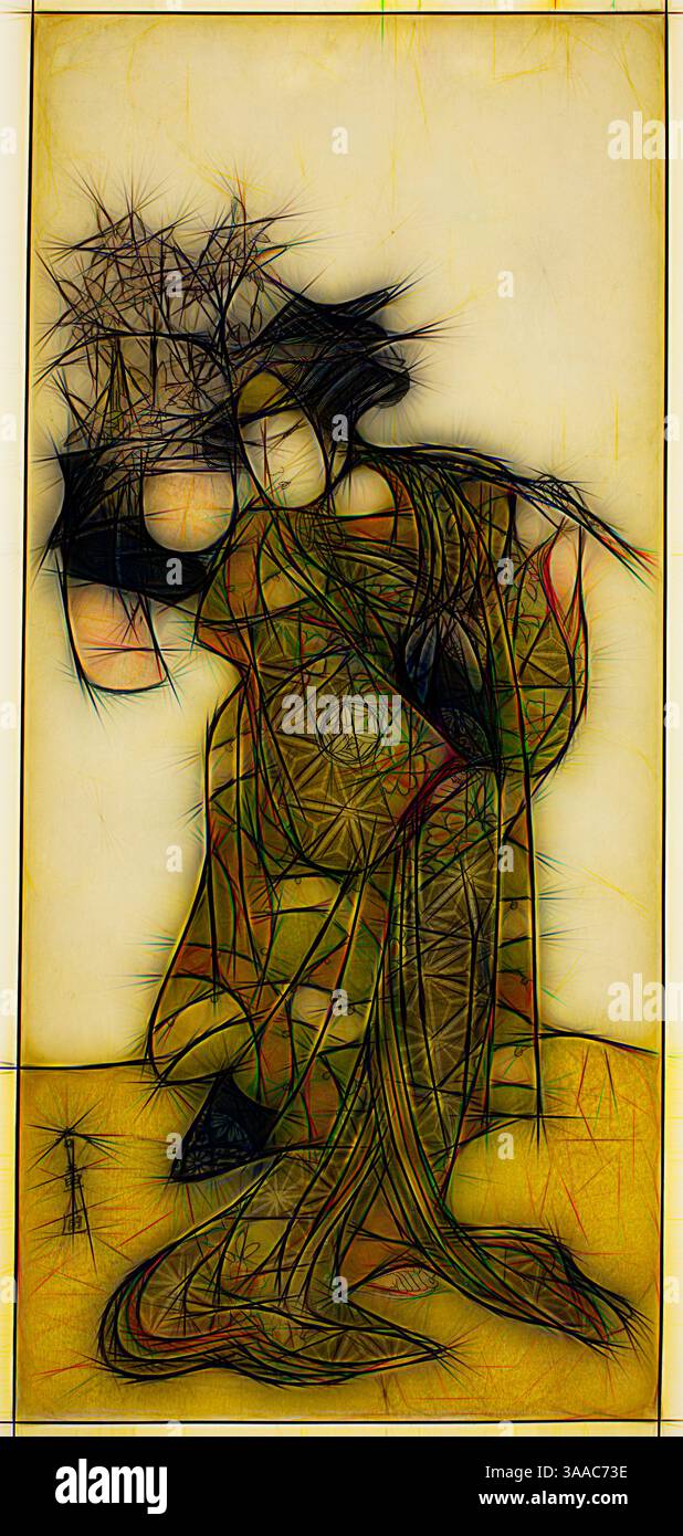 Eine anmutige Figur in traditioneller Kleidung trägt ein Bündel auf ihrem Kopf, umgeben von abstrakten Formen und lebendigen Mustern, die ihre Bewegung widerspiegeln. Die Komposition weckt ein Gefühl von kulturellem Erbe und künstlerischem Ausdruck., Klassische Kunst mit modernem Twist neu interpretiert von Artotop, basierend auf dem Schauspieler Yamashita Kinsaku II als Odai, ein Eboshi (Hut) Verkäufer, in dem Spiel Hana-zumo Genji Hiiki, aufgeführt im Nakamura Theater im elften Monat 1775, ca. 1775, Katsukawa Shunsho 勝川 春章, Japanisch, 1726-1792, Japan, Farbholzdruck, Japan, Farbholzschnitt, Hosoban, 32,8 x 14,8 cm (12 15/16 x 5 13/16 Zoll) Stockfoto