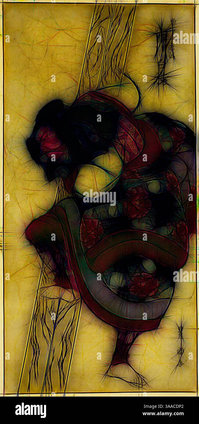 Eine dynamische Figur hockt sich vor einem abstrakten, strukturierten Hintergrund, umgeben von wirbelnden Linien und Formen. Die komplizierten Muster und Farben der Figur deuten auf Bewegung und Energie hin und schaffen ein Gefühl von Tiefe und Emotionen., Klassische Kunst mit modernem Twist, neu interpretiert von Artotop, basierend auf dem Schauspieler Ichikawa Hakuen als Akushichibyoe Kagekiyo in dem Stück Hatsumonbi Yosooi Soga, aufgeführt im Kawarazaki Theater im ersten Monat, 1802, 1802, Utagawa Toyokuni i i i i 初代 歌川 豊国, Japanisch, 1769–1825, Japan, Farbholzdruck, Japan 3/4 x 3/4 Zoll Stockfoto