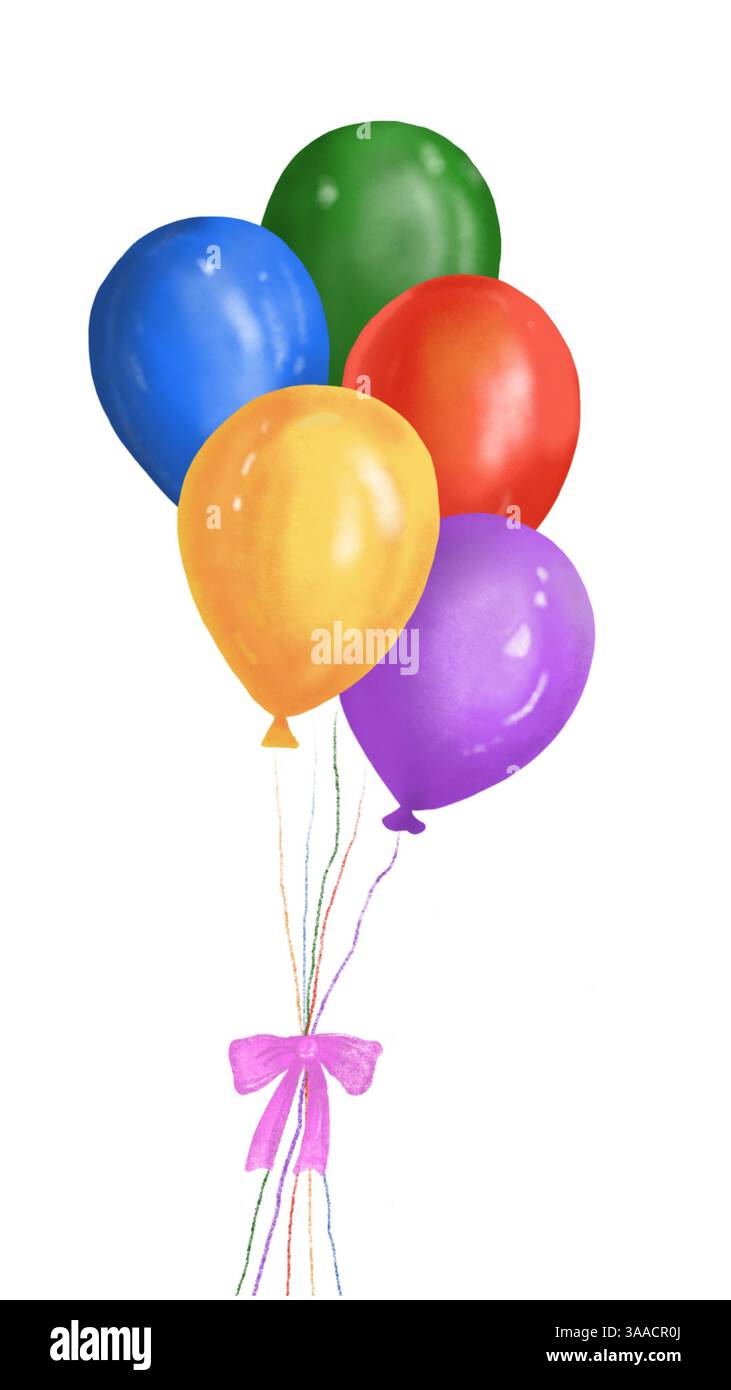Lebhafte Ballons mit rosafarbener Schleife, handgezeichnet auf weißem Hintergrund. Sauber, fröhlich und vielseitig für kreative Zwecke. Stockfoto