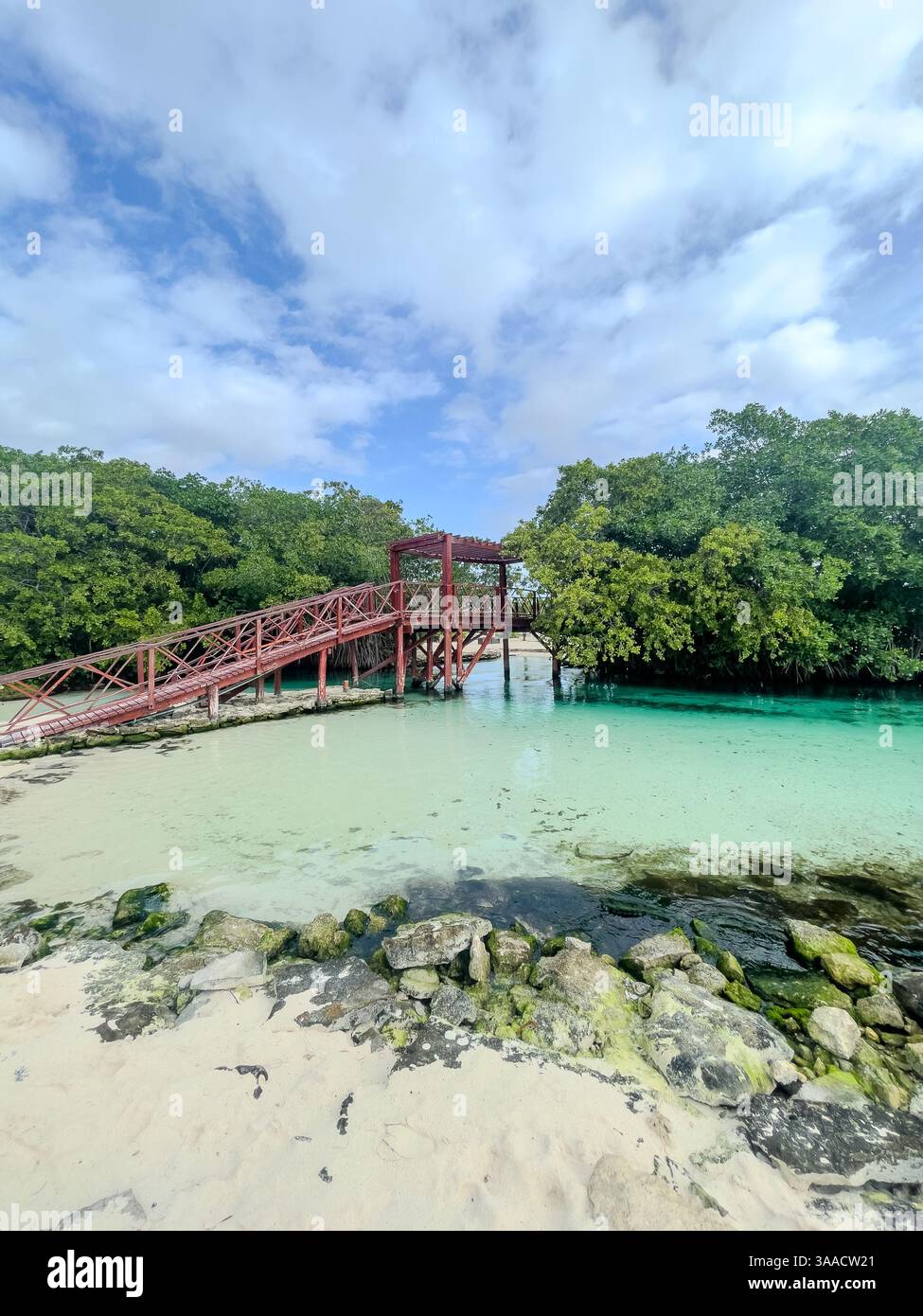 Eine rote Holzbrücke, die sich über eine klare Lagune erstreckt, umgeben von üppigem Grün in einem tropischen Naturschutzgebiet. Ideal für Öko-Tourismus und Reisethemen. Stockfoto