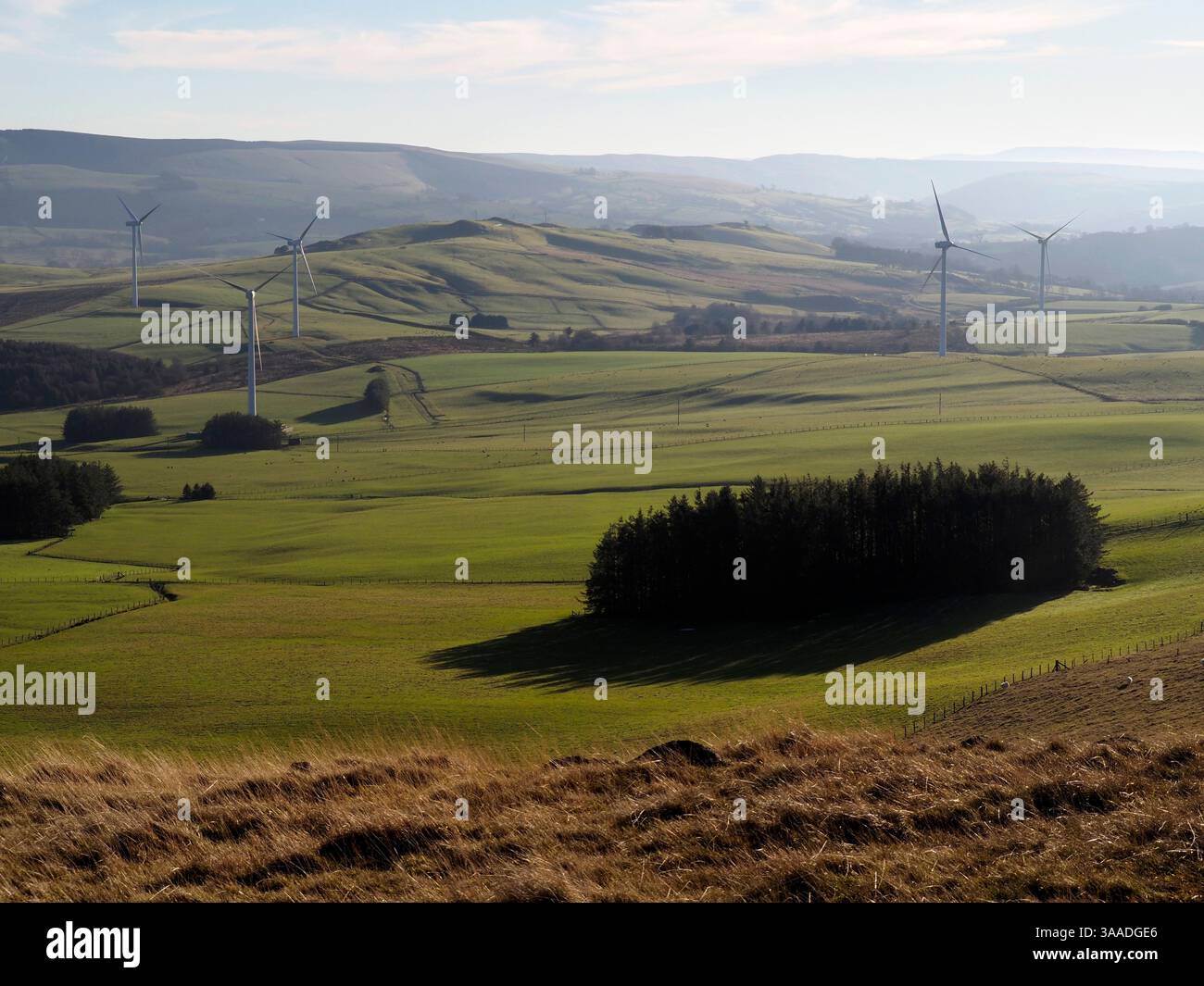 Felder und Windturbinen aus Llandegley Rocks, Wales Stockfoto