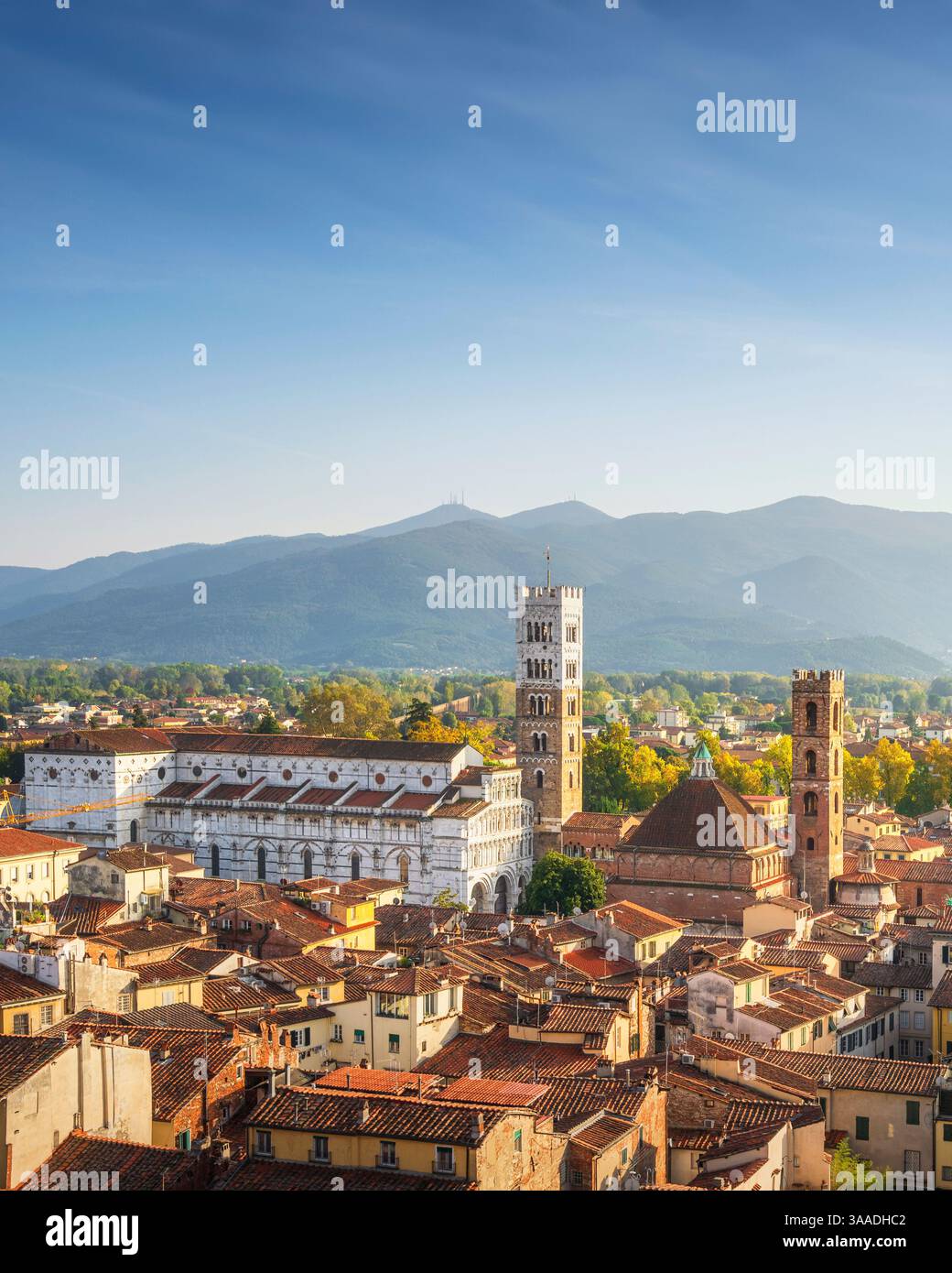 Lucca Panoramablick auf die Stadt und San Michele in der Kathedrale von Foro. Toskana, Italien, Europa. Stockfoto