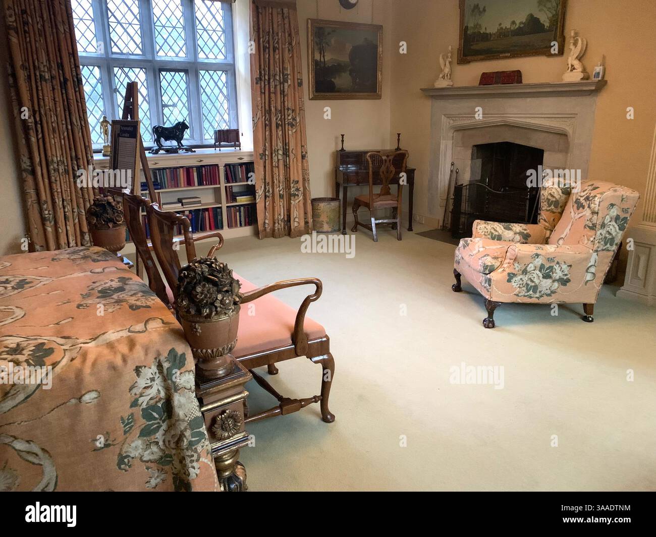 Anglesey Abbey Cambridgeshire Großbritannien England Halle Hundelampen Stand Bilder Teppiche Dekorationen Bibliothek Mary Queen of Scots Henry der achte - Smartphone-aufgenommenes Stockfoto