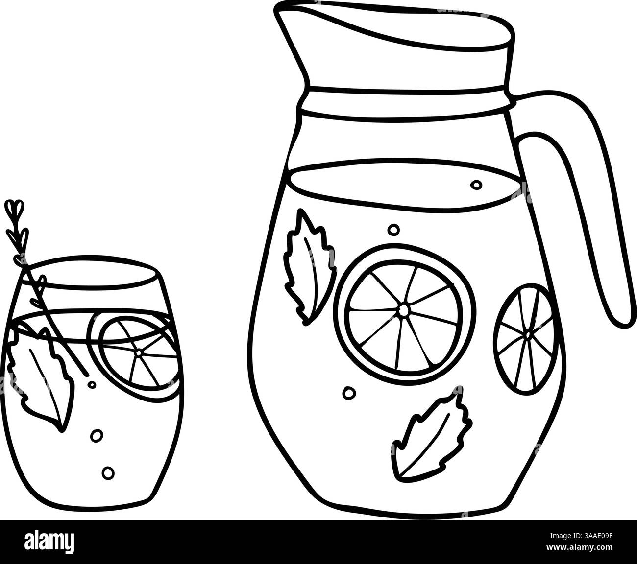 Set aus Limonadenkrug und Glas. Erfrischungsgetränk im Sommer mit Zitrone und Pfefferminze. Handgezeichnete Vektorillustration im Doodle-Stil isoliert auf einem Hintergrund Stock Vektor
