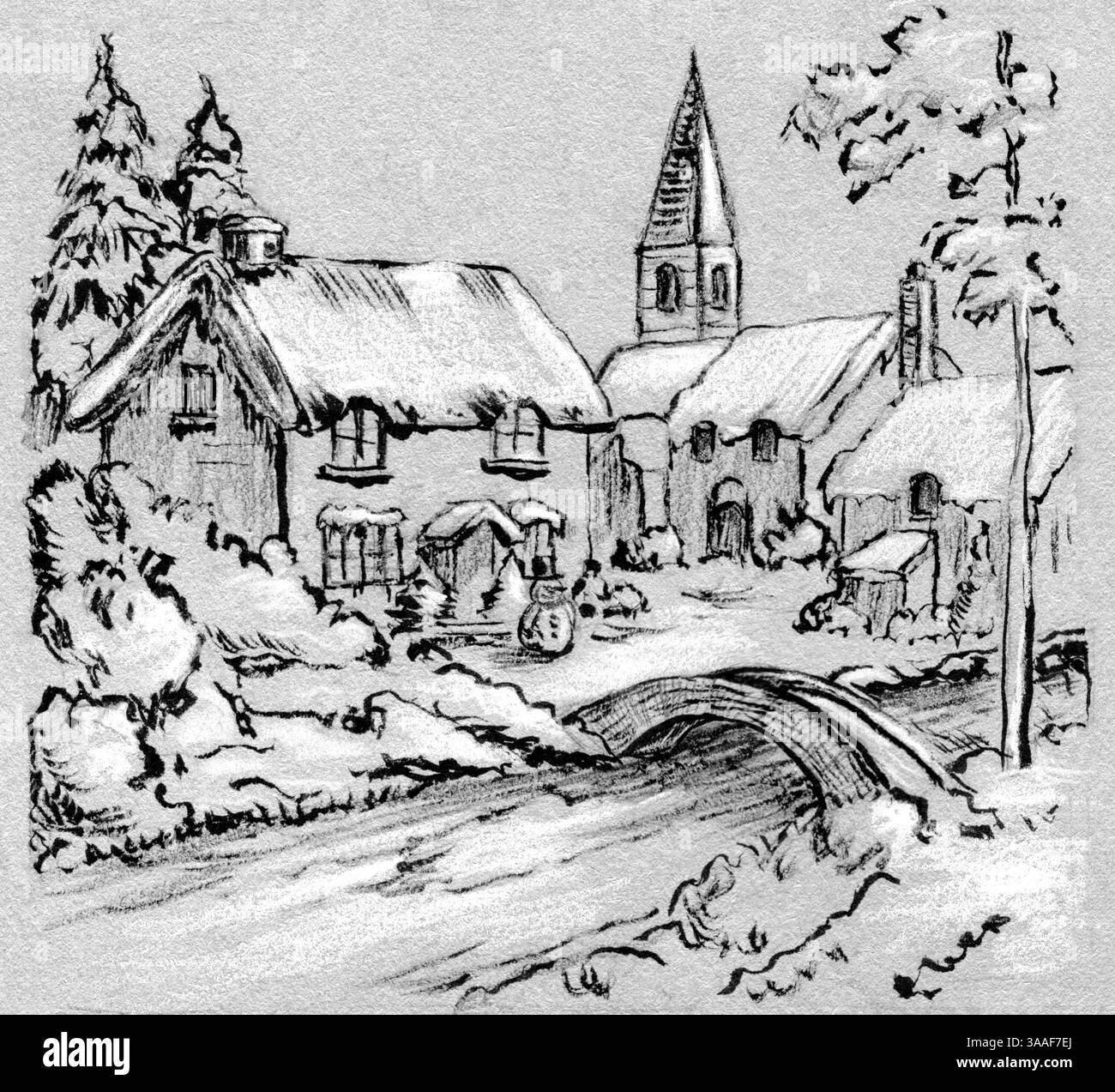 Winterlandschaft mit einem kleinen Dorf und einer Brücke über einen Fluss. Traditionelle Illustration auf toniertem Papier, mein eigenes Kunstwerk. Stockfoto
