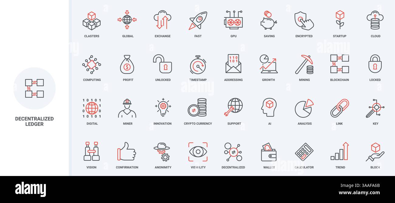 Dezentrale Anwendung und Service, Blockchain Line Symbolgruppe. Verschlüsselte Daten, Mining-Prozess- und Algorithmusverwaltung, dünne schwarze und rote Umrisssymbole Vektorillustration für Kryptowährung Stock Vektor