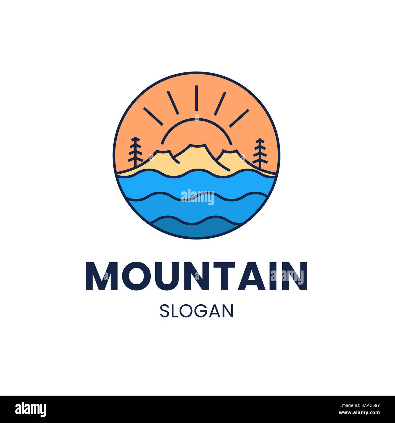 Das moderne Mountain Logo zeigt einen stilisierten Sonnenuntergang, Wellen und Kiefern in einem runden Logo. Diese Vektorillustration ist perfekt für den Außenbereich, nat Stock Vektor