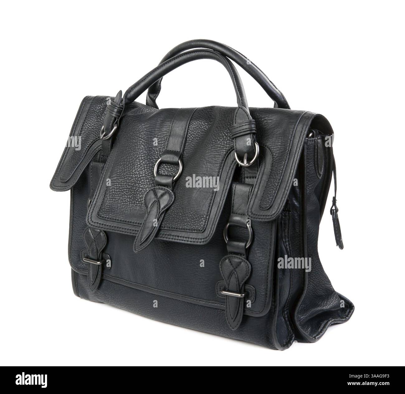 Schwarze Ledertasche für Frauen isoliert auf weißem Hintergrund Stockfoto