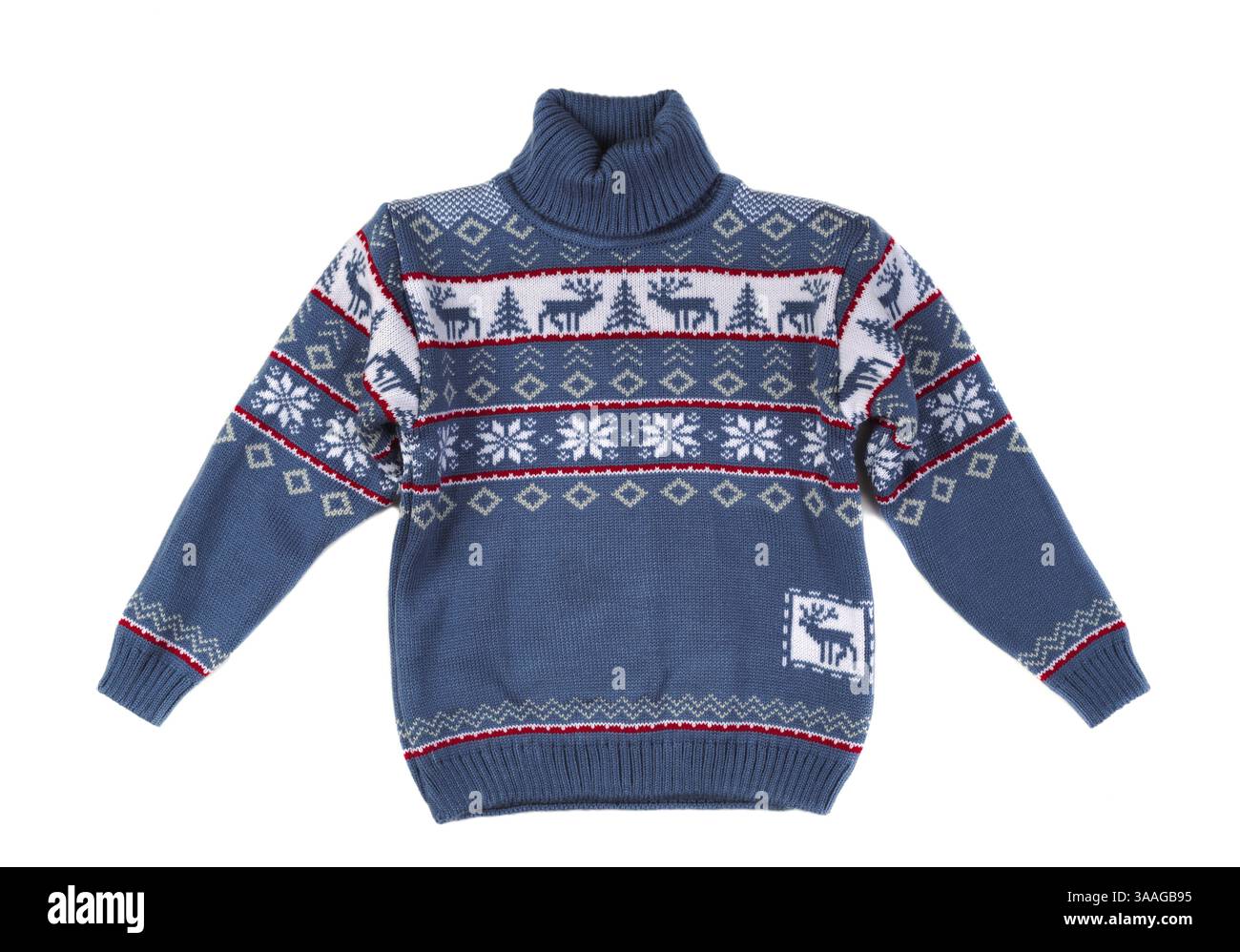 Strickpullover mit Hirschmuster. Auf weiß isolieren Stockfoto