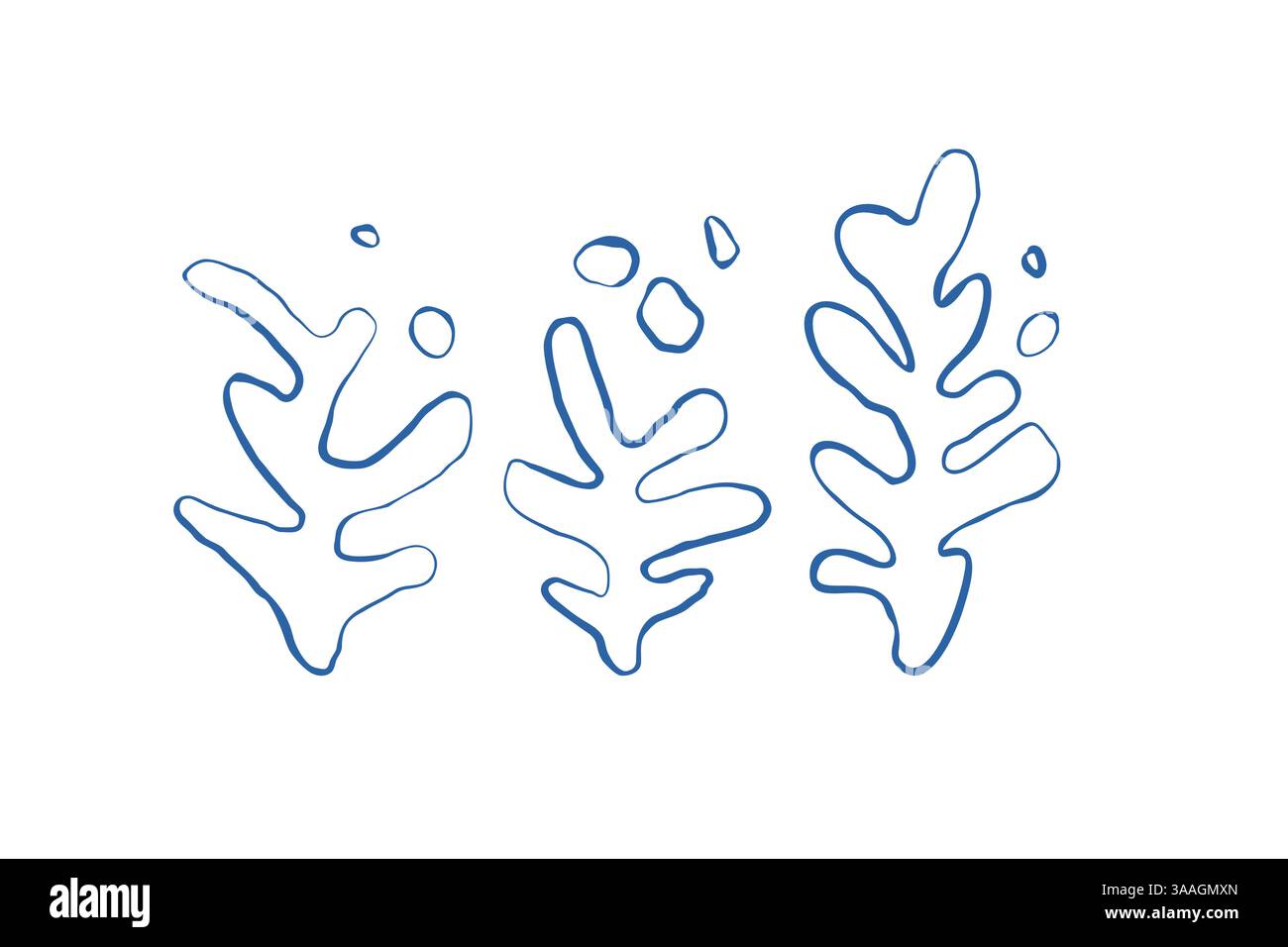 Seetang-Silhouette und Luftblasen Set aus handgezeichneter Kritzelillustration. Unterwasserleben Sommerurlaub. Set mit blauen Algen und Algen-Design Stock Vektor