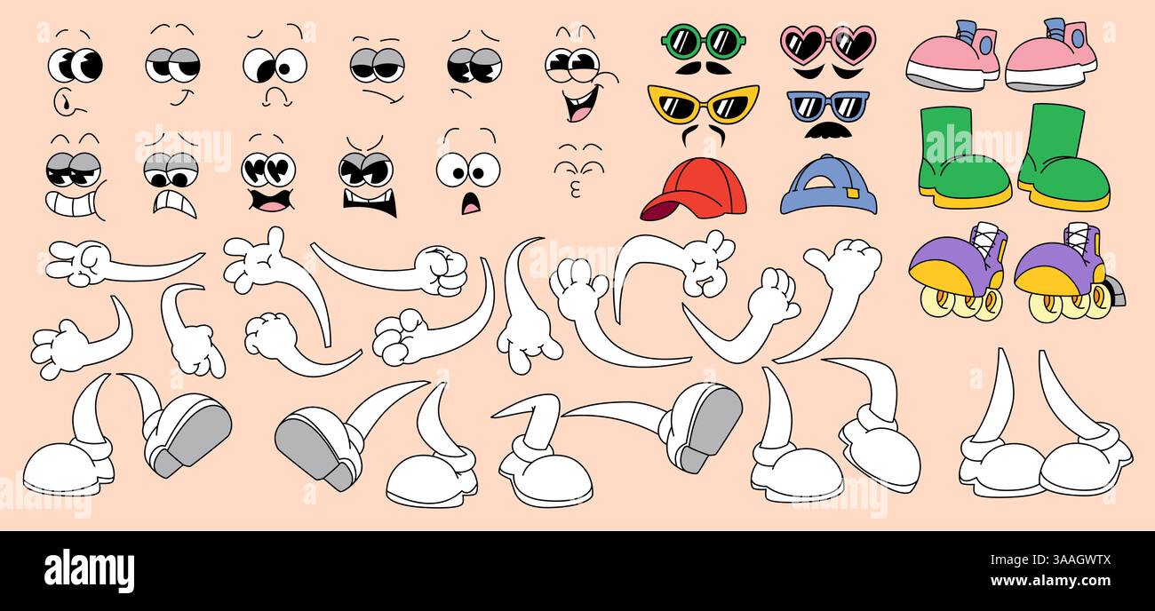 Retro Maskottchen Gesicht Körperteile isoliert auf Hintergrund gesetzt. Vektor-Cartoon-Illustration von Augen und Mündern mit verschiedenen Emotionen, Händen und Beinen, Sonnenbrille, Hüte, Schuhe für groovige Charakterdesign Stock Vektor