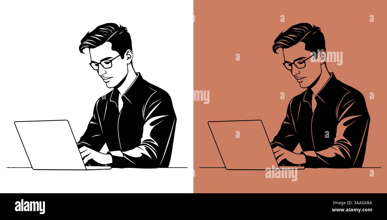 Ein Geschäftsmann, der fokussiert an seinem Laptop arbeitet. Die Abbildung zeigt einen intelligenten Geschäftsmann, der auf einem Laptop schreibt, was sich hervorragend für die Produktivität im Büro eignet. Stock Vektor