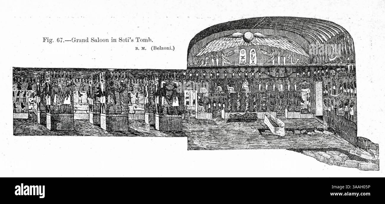 Der große Salon im Grab von Seti I. Menmaatre Seti I. (oder Sethos I.) war der zweite Pharao der neunzehnten Dynastie Ägyptens während der Zeit des Neuen Reiches und herrschte zwischen 1294 und 1290 v. Chr. bis 1279 v. Chr.. Er war der Sohn von Ramesses I. und Sitre und der Vater von Ramesses II. Aus dem Buch Graven in the Rock: Or, the Historical Accuracy of the Bibel bestätigt durch Verweis auf die assyrischen und ägyptischen Denkmäler im British Museum und anderswo von Kinns, Samuel, 1826-1903 Publikationsdatum 1891 Stockfoto