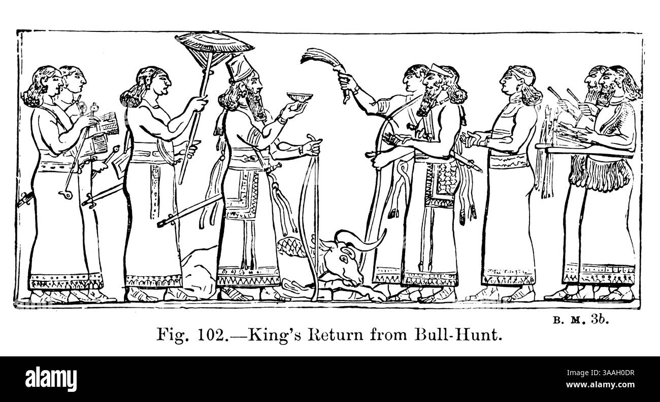 King kehrt von einer Bullenjagd aus dem Buch Graven in the Rock zurück : oder, die historische Genauigkeit der Bibel bestätigt durch Verweis auf die assyrischen und ägyptischen Denkmäler im British Museum und anderswo von Kinns, Samuel, 1826-1903 Publikation Datum 1891 Stockfoto