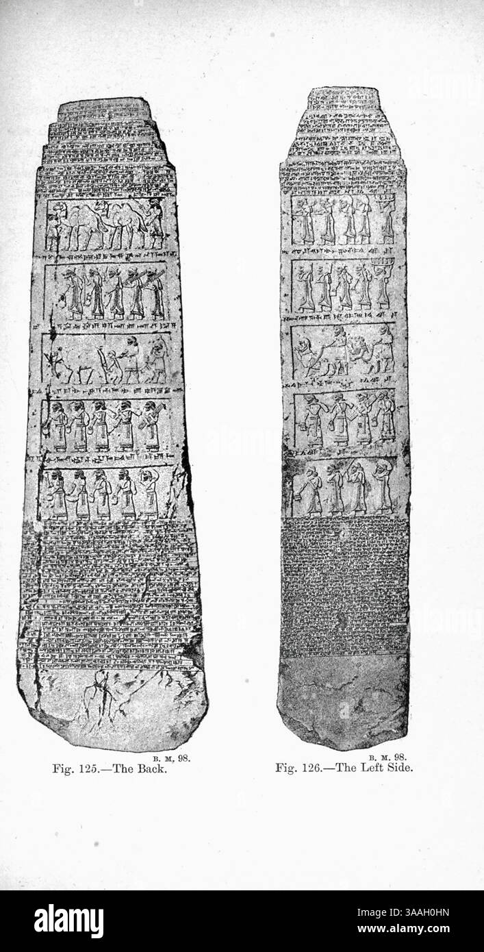 Der Schwarze Obelisk von Shalmaneser III. Ist eine neo-assyrische Skulptur aus schwarzem Kalkstein mit vielen Szenen in Basreliefs und Inschriften. Sie stammt aus Nimrud (dem alten Kalhu) im Nordirak und erinnert an die Taten von König Shalmaneser III. (Regierungszeit 858–824 v. Chr.). Es ist im British Museum in London aus dem Buch Graven in the Rock : OR, die historische Genauigkeit der Bibel bestätigt durch Verweis auf die assyrischen und ägyptischen Denkmäler im British Museum und anderswo von Kinns, Samuel, 1826-1903 Publikationsdatum 1891 Stockfoto