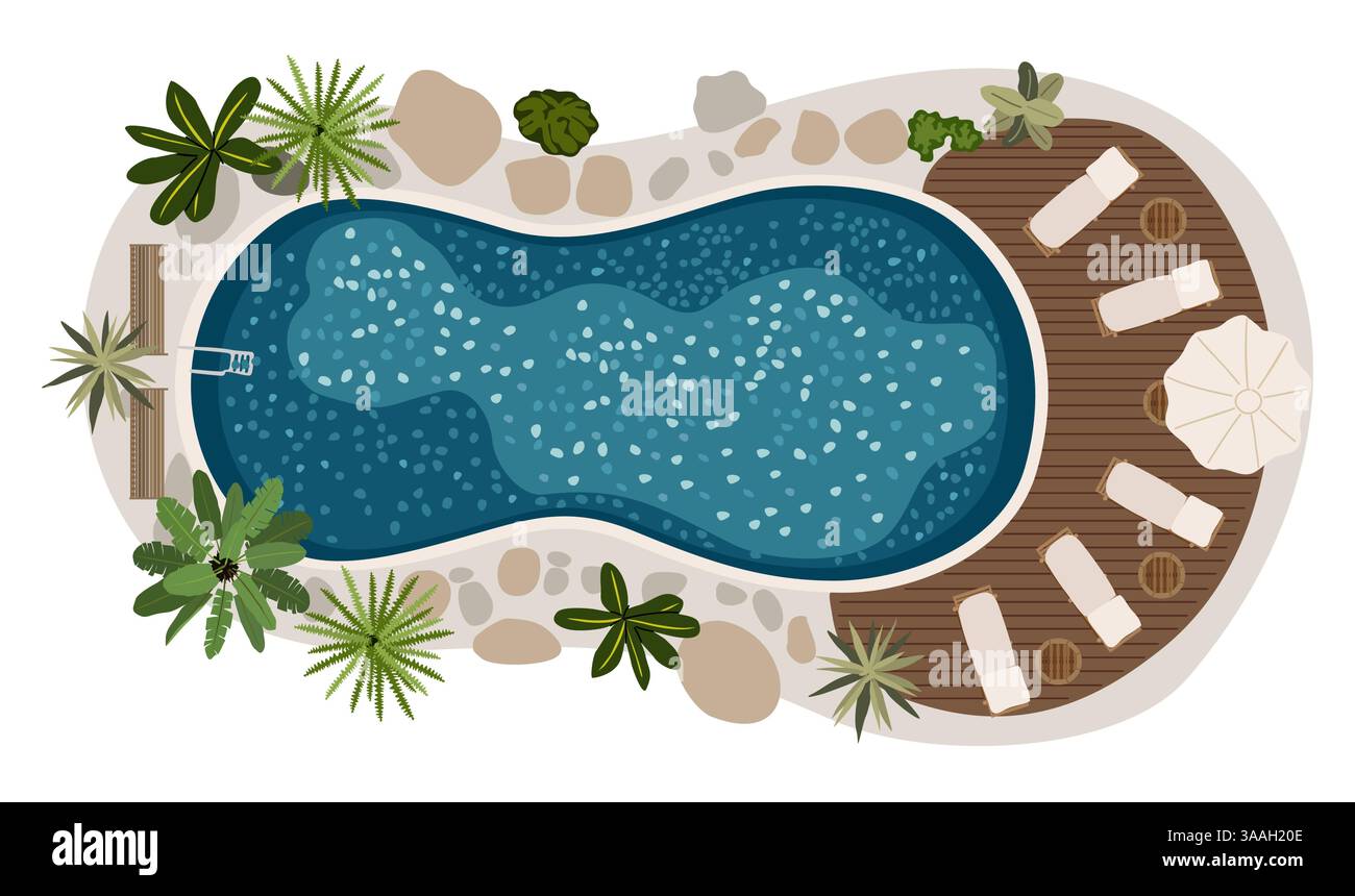 Blick von oben auf den Swimmingpool mit Terrassenmöbeln Stock Vektor
