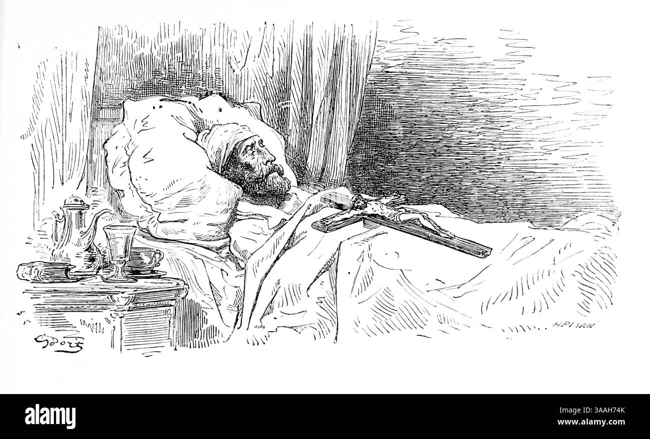 KAPITEL LXXIV. WIE DON QUIJOTE KRANK WURDE, SEINEN LETZTEN WILLEN MACHTE UND STARB. Illustriert von Gostave Dore aus Teil 2 das Buch " die Geschichte von Don Quijote " von Cervantes Saavedra, Miguel de, 1547-1616; Doré, Gustave, 1832-1883; Veröffentlichungsdatum 1900 Publisher New York: Hogarth Press Stockfoto