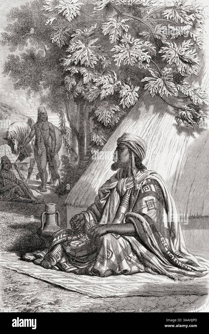 Ein Almami, Almamy oder Almaami, ein westafrikanischer muslimischer Herrscher, 19. Jahrhundert. Möglicherweise Hadji Oumarûl Foutiyou Tall, ca. 1794–1864. Senegalese Tijani sufi Toucouleur islamischer Gelehrter und Militärkommandeur, Gründer des kurzlebigen Toucouleur-Reiches. Von Voyage dans le Fouta-Djalon por M. Lambert, Execute d’apres les ordres du Colonel Faidherbe, Gouverneur du Senegal oder Voyage in der Region Fouta-Djallon von M. Lambert, hingerichtet auf Befehl von Oberst Faidherbe, Gouverneur von Senegal. In Le Tour du Monde, veröffentlicht 1861. Stockfoto