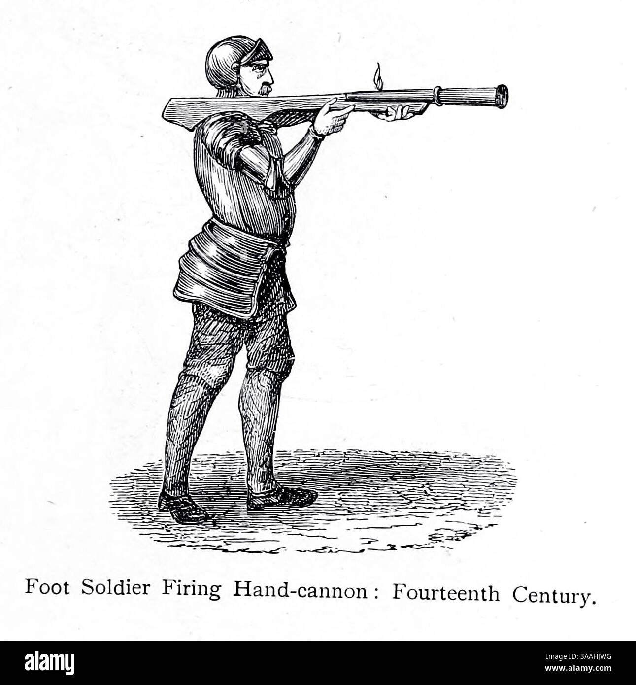 Fußsoldat feuert Handkanone : 14. Jahrhundert. Aus The Gun and its Development von Greener, W.W. (William Wellington), Publikationsdatum 1897 Stockfoto