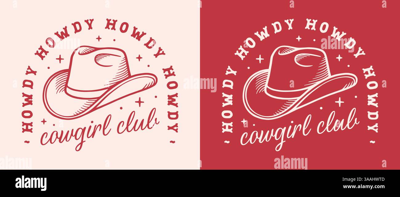 Cowgirl Club Squad Howdy Country Girl Life lustige Zitate Sprüche Retro Vintage rot Preppy Girly Cowgirls Hut ästhetische Aufkleber Frauen Hemd Design. Stock Vektor