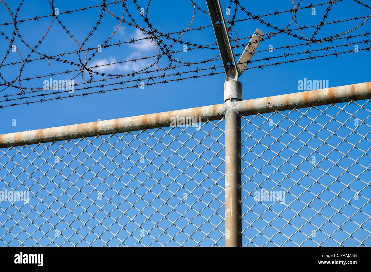 Stacheldrahtzaun symbolisiert Grenzkontrollen, geopolitische Spannungen und eingeschränkte Freiheiten in der modernen Gesellschaft. Sicherheitszaun mit Stacheldraht. Stockfoto