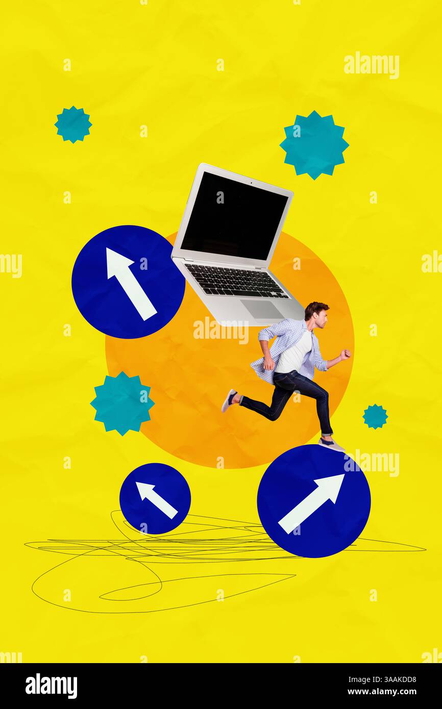 Zine kreative vertikale Fotocollage des seriösen Geschäftsmannes Durchlauf Pfeil Pointer Erfolg Ziel Leistung Laptop-Gerät Fortschritt Stockfoto