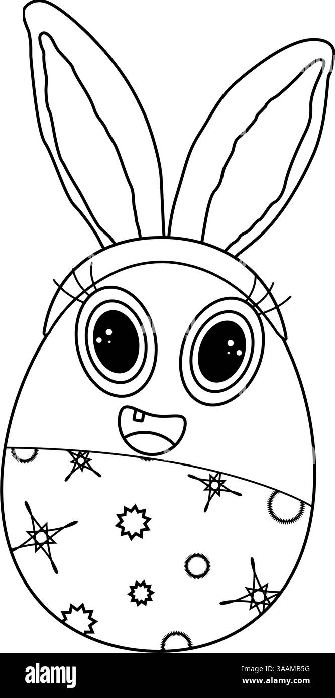 Einfarbiges, entzückendes anthropomorphes Ostereierkind mit Osterhasenohren, großen Augen und einem fröhlichen Lächeln in einer lustigen Schwarz-weiß-Färbung. Stock Vektor