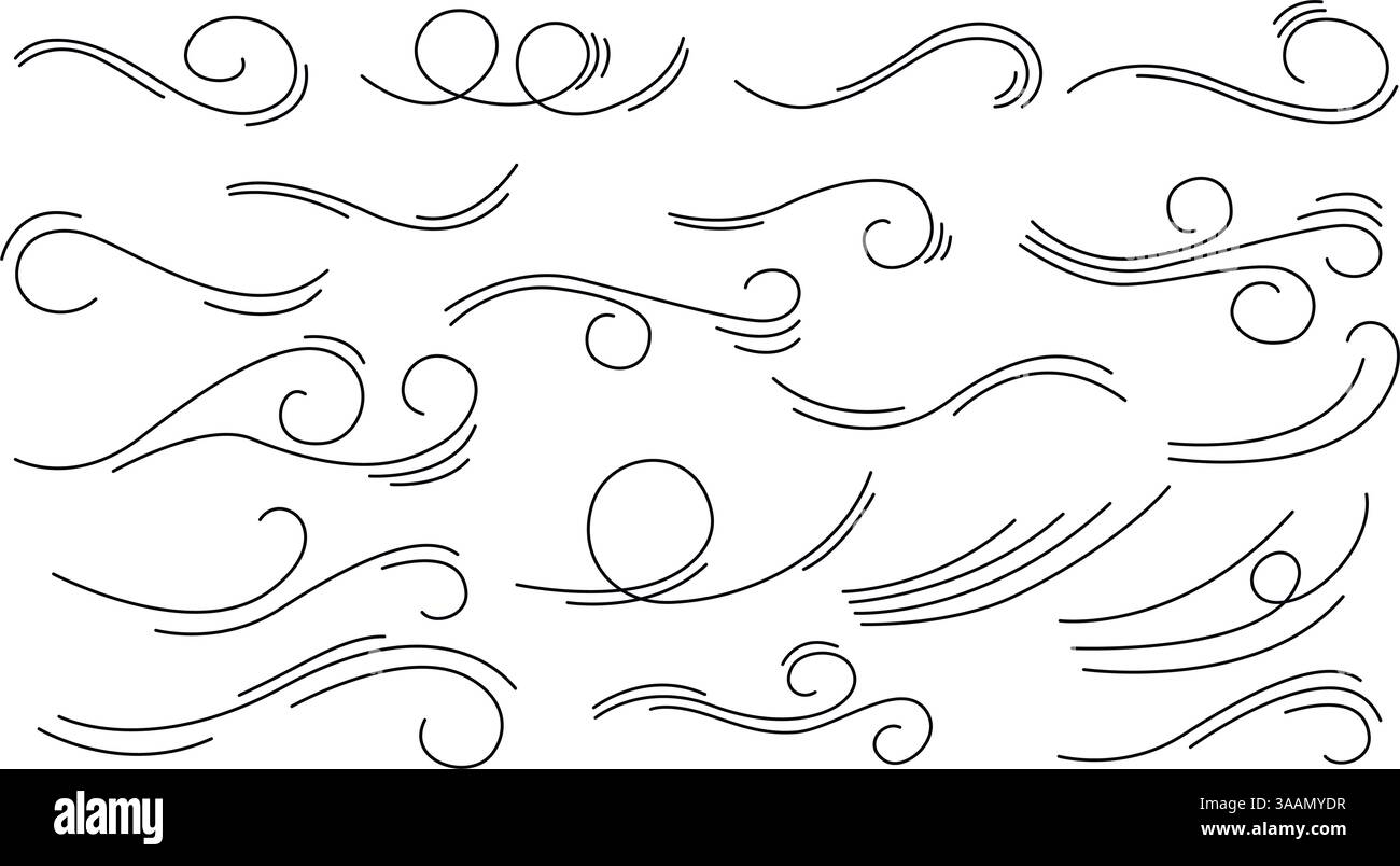 Windlinien Kritzeleien Skizzenstil festgelegt. Air Flow Symbol, Windbewegung, Curl, Wind Flow handgezeichnete Clip-Art-Kollektion. Vektorgrafiken, Windsymbole Stock Vektor