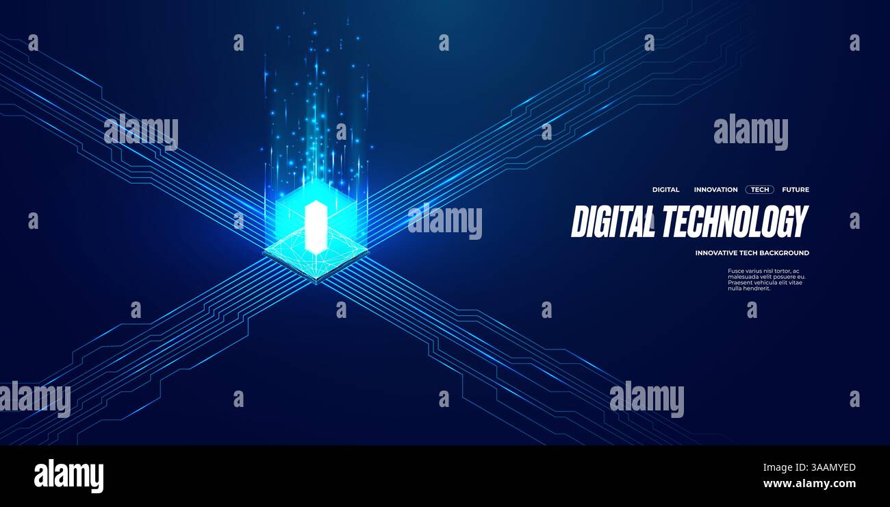 Isometrischer digitaler CPU-Prozessor mit abstrakten Lichtströmungselementen Stock Vektor